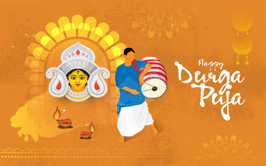 Durga Puja Festival Greeting Background Template with Goddess Durga Face Illustration