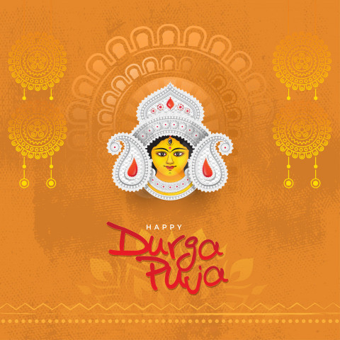 Durga Puja Festival Greeting Background Template with Goddess Durga Face Illustration